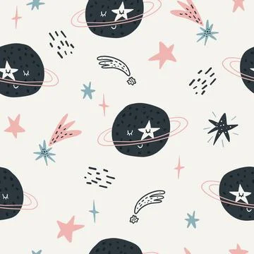 Seamless childish pattern with funny planet characters. Trendy space texture for Stock Illustration