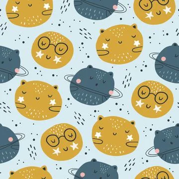 Seamless childish pattern with funny planet characters. Trendy space texture for Stock Illustration
