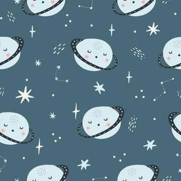 Seamless childish pattern with funny planet characters. Trendy space texture for Stock Illustration