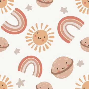 Seamless childish pattern with funny rainbow, planet cloud and sun. Perfect for 스톡 일러스트
