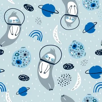 Seamless childish pattern with funny sloth in a helmet. Stock Illustration