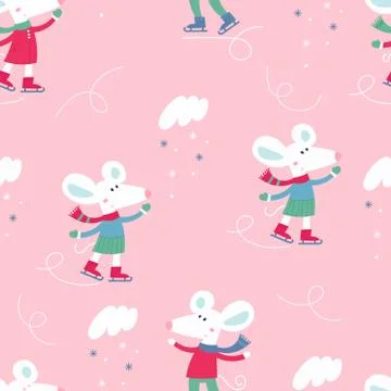 Seamless childish pattern with funny white mice on pink background Stock Illustration