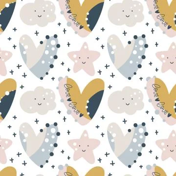 Seamless childish pattern with hand drawn hearts, stars and clouds. Vector イラスト素材