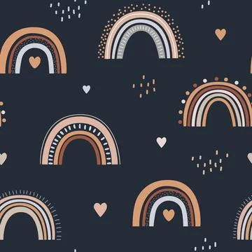 Seamless childish pattern with hand drawn rainbows and hearts. Creative Illustrazione stock