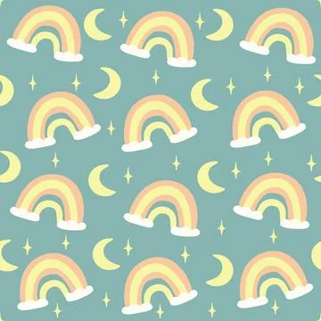 Seamless childish pattern with hand drawn rainbows and stars. Creative scandi Stock Illustration