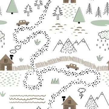 Seamless childish pattern with house, trees, mountains and cars. Nature 스톡 일러스트