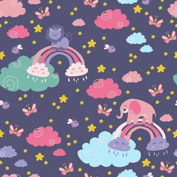Seamless childish pattern with lion, elephant, butterfly,clouds, rainbow an.. Stock Illustration