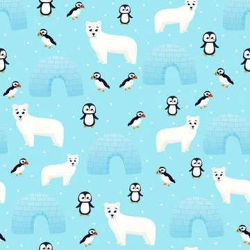 Seamless childish pattern with polar bear, penguin and puffin. Creative kids  Stock Illustration