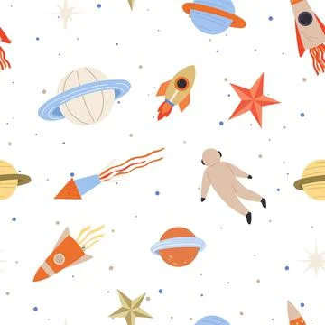 Seamless childish pattern with space elements. Creative background with Illustrazione stock