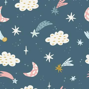 Seamless childish pattern with starry sky, moon. Creative kids texture for Stock Illustration