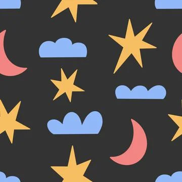 Seamless childish simple pattern for kids with cute stars, moon and clouds in Stock Illustration