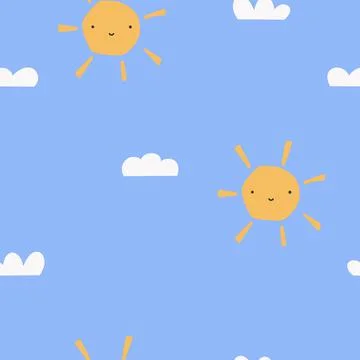Seamless childish simple pattern for kids with cute sun and clouds in modern イラスト素材