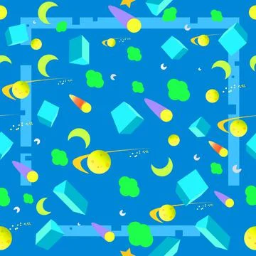 Seamless children cartoon space pattern with rockets, planets, stars and dashed イラスト素材