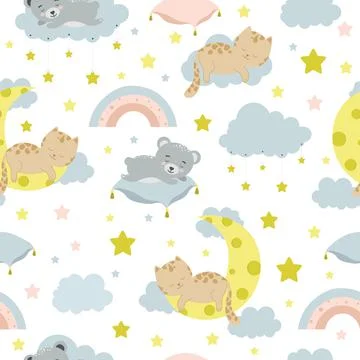Seamless children pattern with cat, bear, clouds, moon and stars. Creative kids イラスト素材