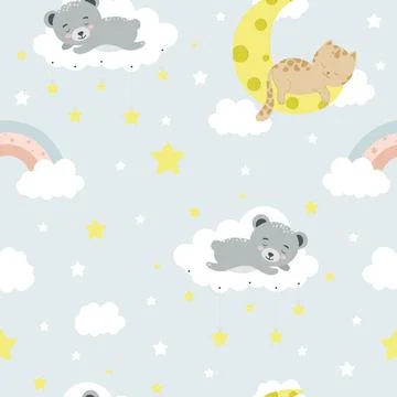 Seamless children pattern with cat, bear, lion, clouds, moon and stars. Creative Stock Illustration