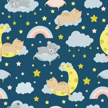 Seamless children pattern with cat, bear, clouds, moon and stars. Creative kids Stock Illustration