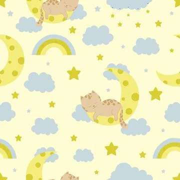 Seamless children pattern with cat, bear, clouds, moon and stars. Creative kids Stock Illustration