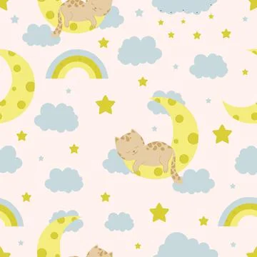 Seamless children pattern with cat, bear, clouds, moon and stars. Creative kids Stock Illustration