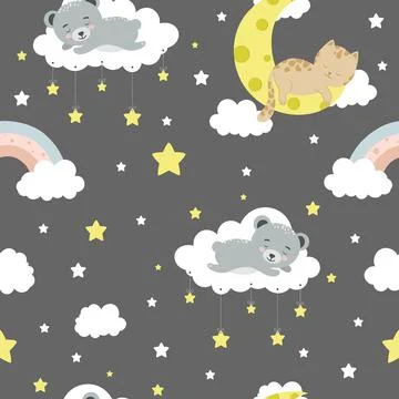Seamless children pattern with cat, bear, lion, clouds, moon and stars. Creative イラスト素材