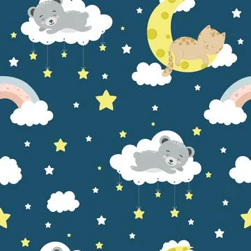 Seamless children pattern with cat, bear, clouds, moon and stars. Creative kids Stock Illustration
