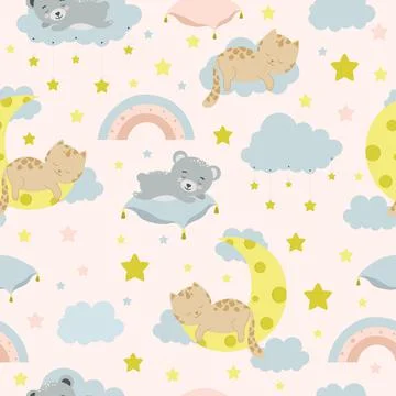 Seamless children pattern with cat, bear, clouds, moon and stars. Creative kids Stock Illustration