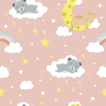 Seamless children pattern with cat, bear, clouds, moon and stars. Creative kids Stock Illustration
