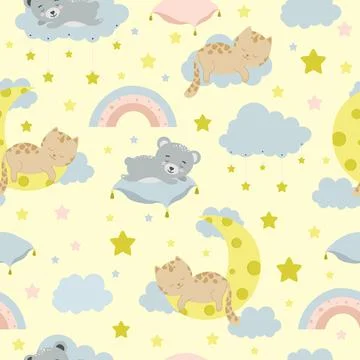 Seamless children pattern with cat, bear, clouds, moon and stars. Creative kids Stock Illustration
