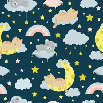 Seamless children pattern with cat, bear, lion, clouds, moon and stars. Creative イラスト素材