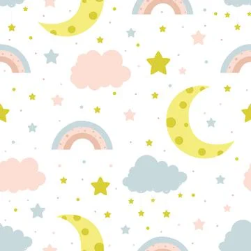 Seamless children pattern with clouds, moon and stars. Stock Illustration