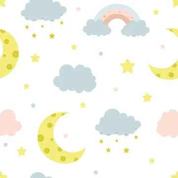 Seamless children pattern with clouds, moon and stars. Creative kids texture for Stockillustratie