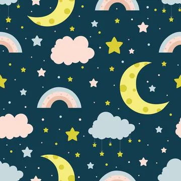Seamless children pattern with clouds, moon and stars. Stockillustratie