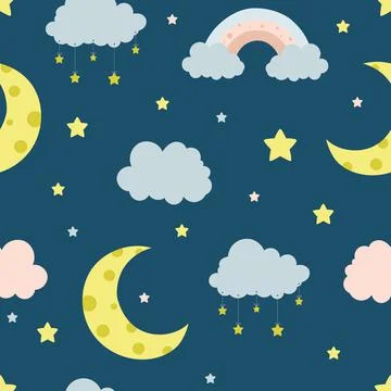Seamless children pattern with clouds, moon and stars. Creative kids texture for 스톡 일러스트