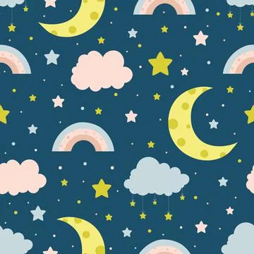 Seamless children pattern with clouds, moon and stars. Creative kids texture for Stock Illustration