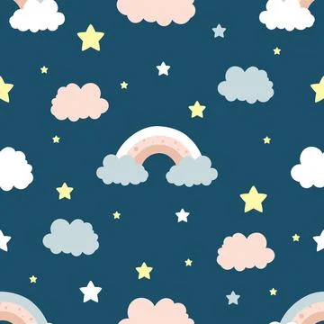 Seamless children pattern with clouds, moon and stars. Creative kids texture for イラスト素材