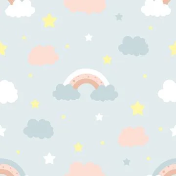 Seamless children pattern with clouds, moon and stars. Stock Illustration
