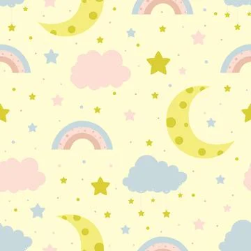 Seamless children pattern with clouds, moon and stars. Stock Illustration