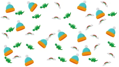 Seamless Children Pattern with Cute Dinosaurs Winter Hats and Colorful Rainbows Stock Footage 345539178