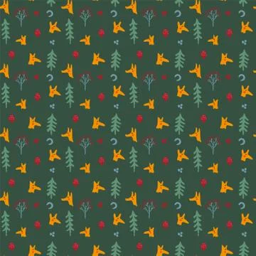 Seamless children's forest patterns with foxes, birds, trees and bushes Stock Illustration