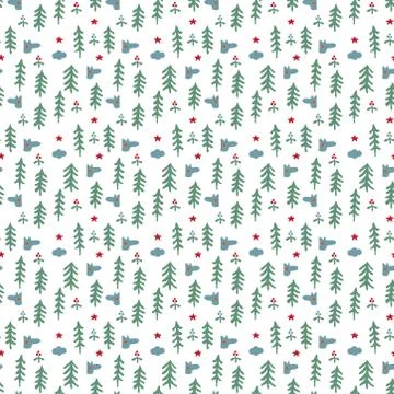 Seamless children's forest patterns with wolves, Christmas trees and stars Stock Illustration