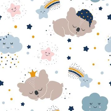 Seamless childrens hand-drawn pattern with cute sleeping koalas, clouds, moons Ilustração Stock