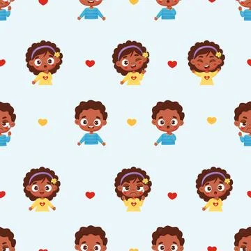 Seamless childrens pattern. Cute black boy and girl in flat cartoon style w.. Stock Illustration