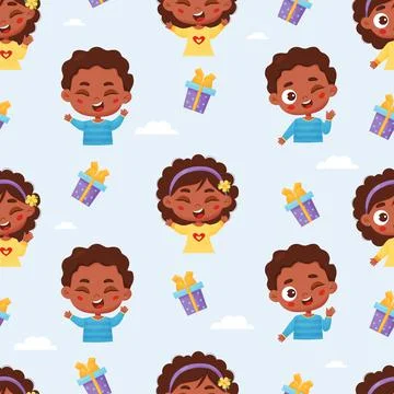 Seamless childrens pattern. Cute playful dark-skinned boy and girl on light b イラスト素材