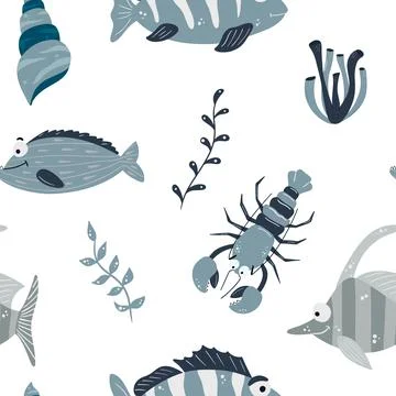 Seamless children's pattern with funny fish and sea animals. Children's textu Stock Illustration
