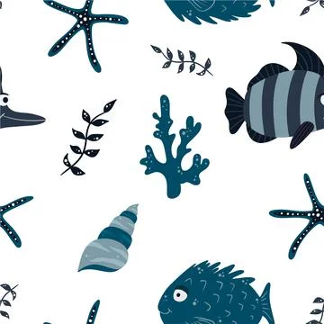 Seamless children's pattern with funny fish and sea animals. Children's textu Stock Illustration