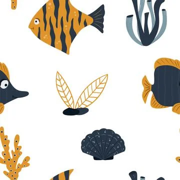 Seamless children's pattern with funny fish and sea animals. Children's textu Illustrazione stock