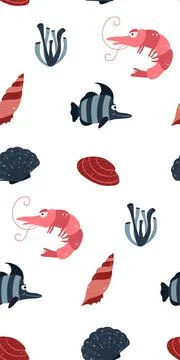Seamless children's pattern with funny fish and sea animals. Children's textu 스톡 일러스트