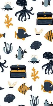 Seamless children's pattern with funny fish and sea animals. Children's textu Illustrazione stock