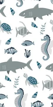 Seamless children's pattern with funny fish and sea animals. Children's textu Illustrazione stock