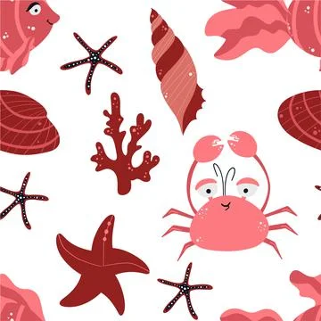 Seamless children's pattern with funny fish and sea animals. Children's textu Stock Illustration