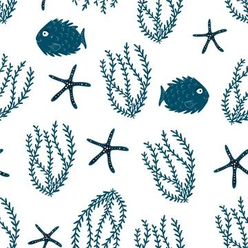 Seamless children's pattern with funny fish and sea animals. Children's textu Illustrazione stock